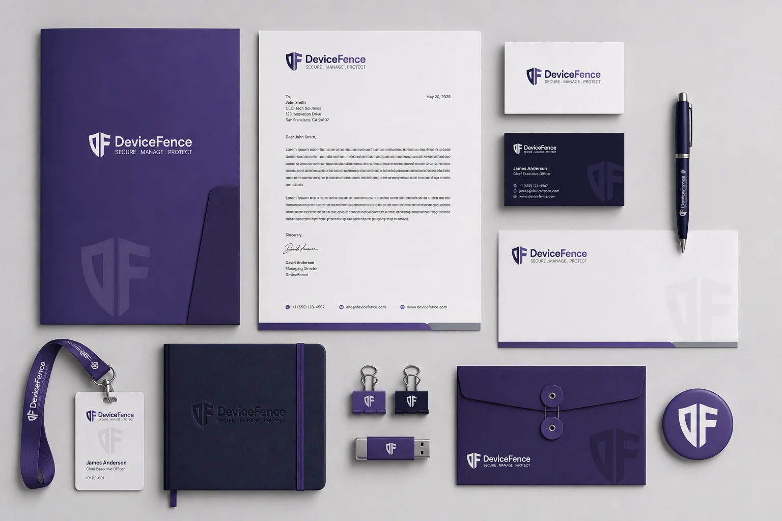 DeviceFence enterprise device management brand identity applications mockup