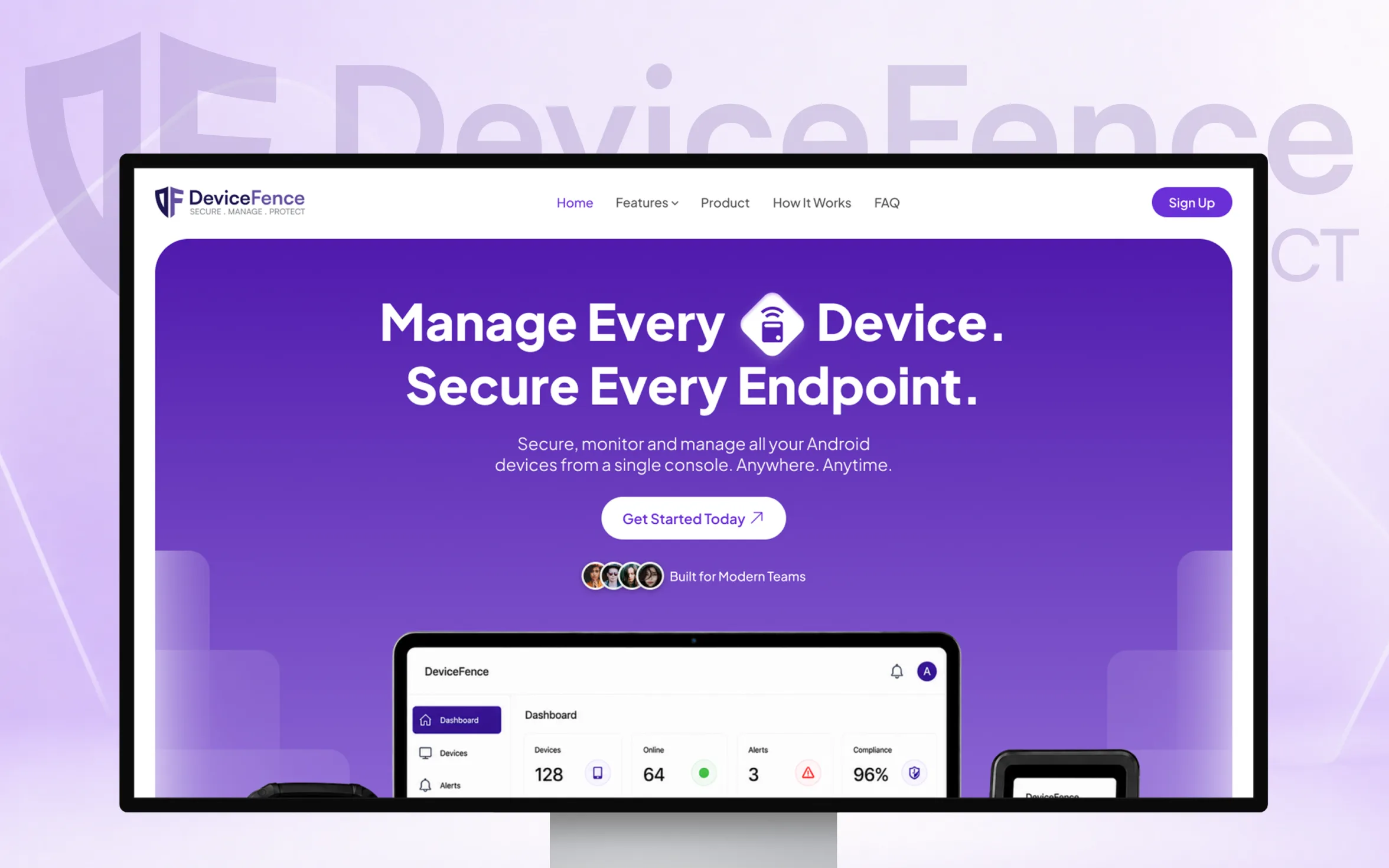 DeviceFence enterprise device management platform displayed on desktop, featuring Android device monitoring, endpoint security, compliance, and dashboard controls.