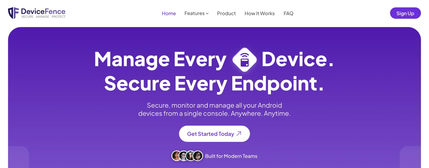 DeviceFence responsive enterprise device management website and contact call to action