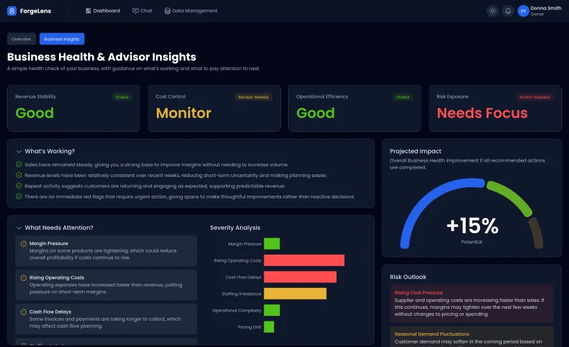 ForgeLens AI business advisor dashboard with role-based executive priorities
