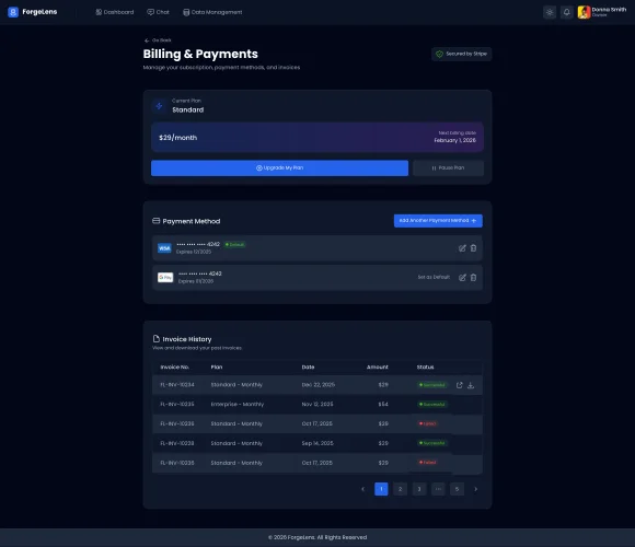 ForgeLens business analytics dashboard with reports, metrics, and source-backed insights
