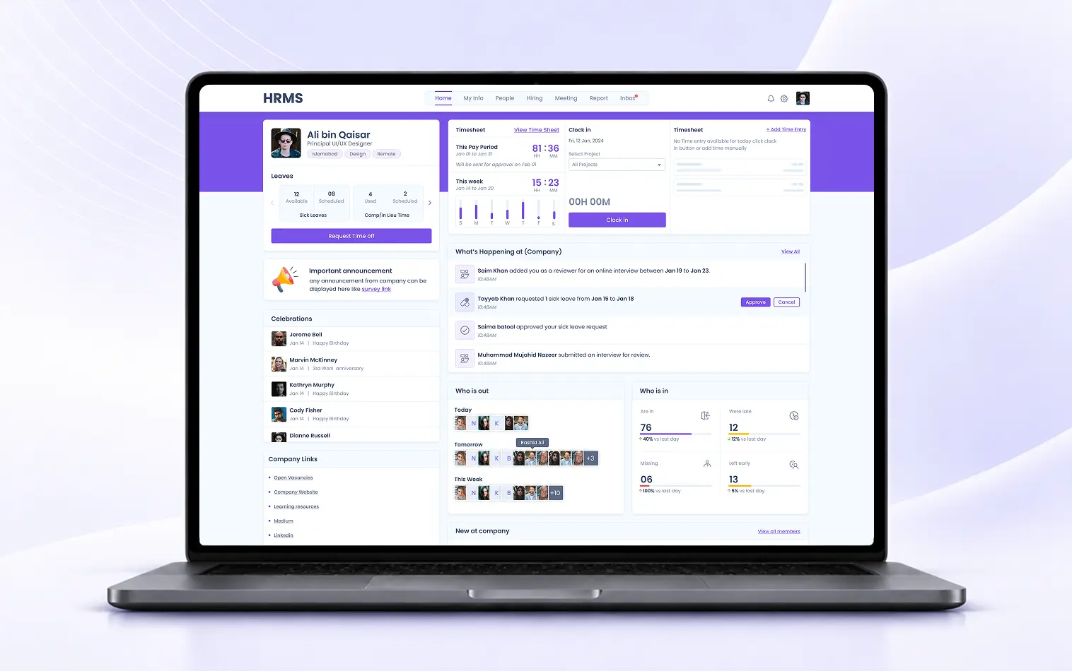 Role-based HR management dashboard shown on a laptop