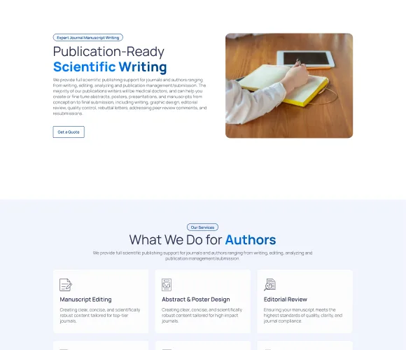 MediCog scientific writing services page featuring manuscript editing, abstract design, and editorial review