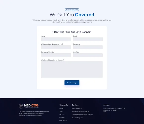 MediCog clinical research clients page featuring CVCT, MOSAIC, Berlin Heals, and Zoll