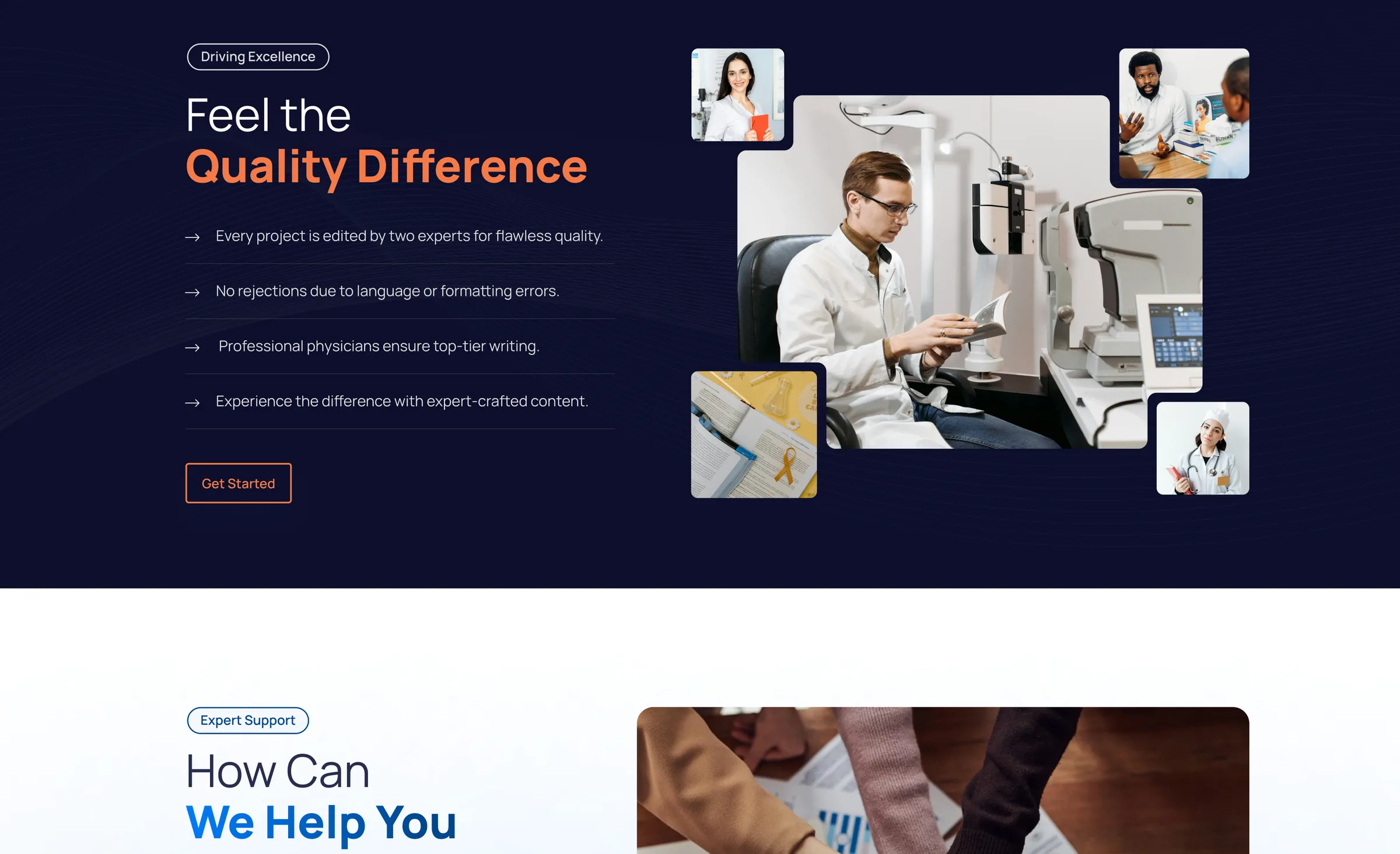 MediCog quality assurance section explaining expert-reviewed medical writing services
