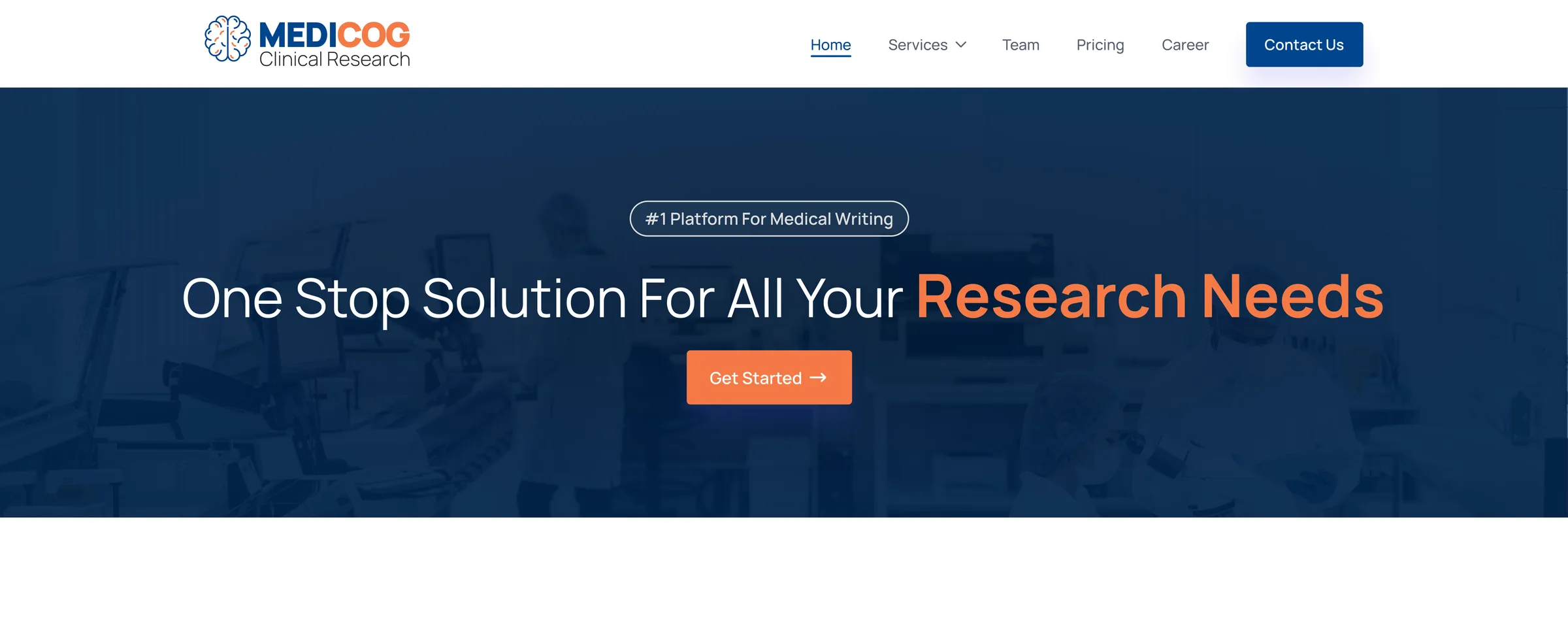 MediCog clinical research homepage offering medical writing and research support services