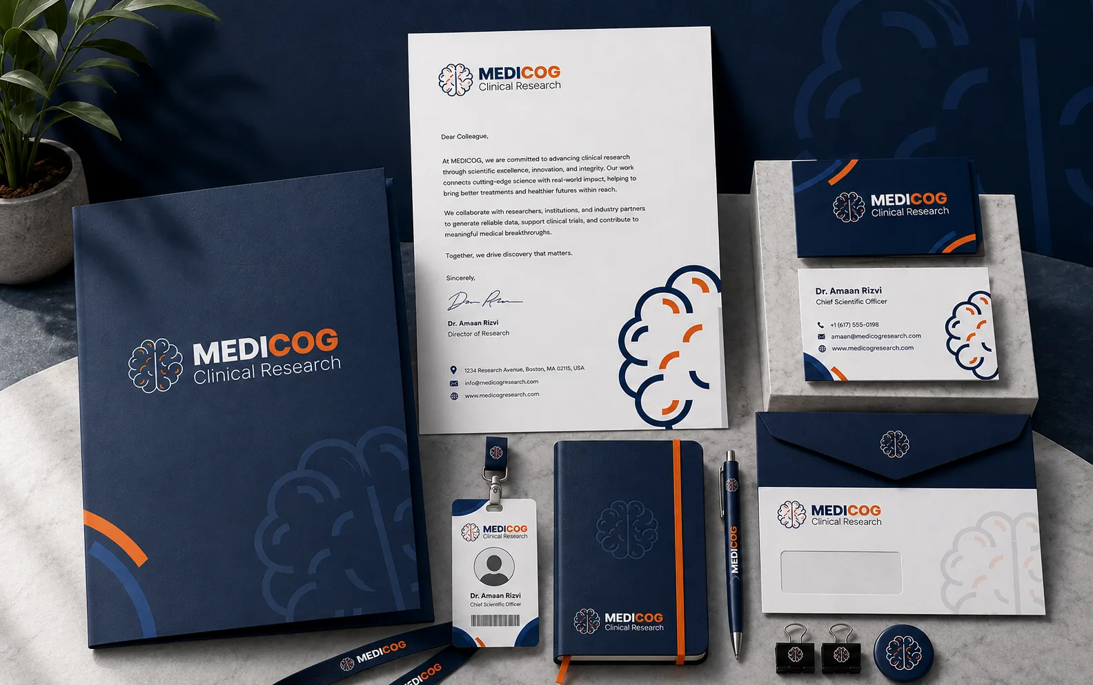 MediCog stationery suite with letterhead, presentation folder, business cards, and envelope