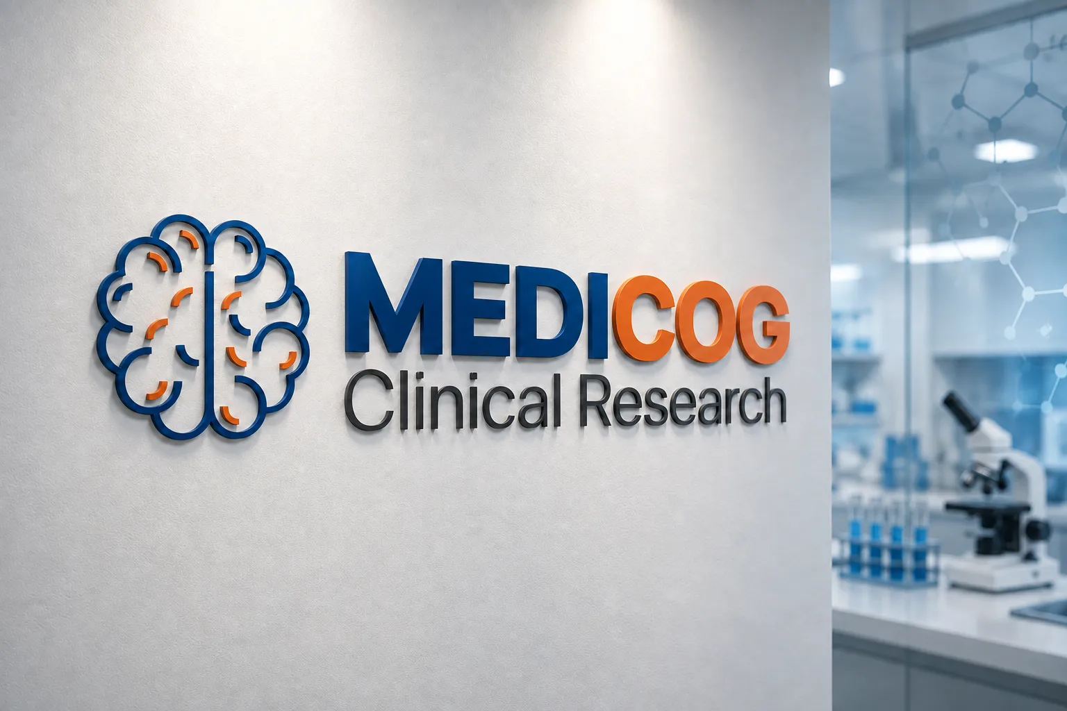 MediCog Clinical Research dimensional wall sign in a laboratory