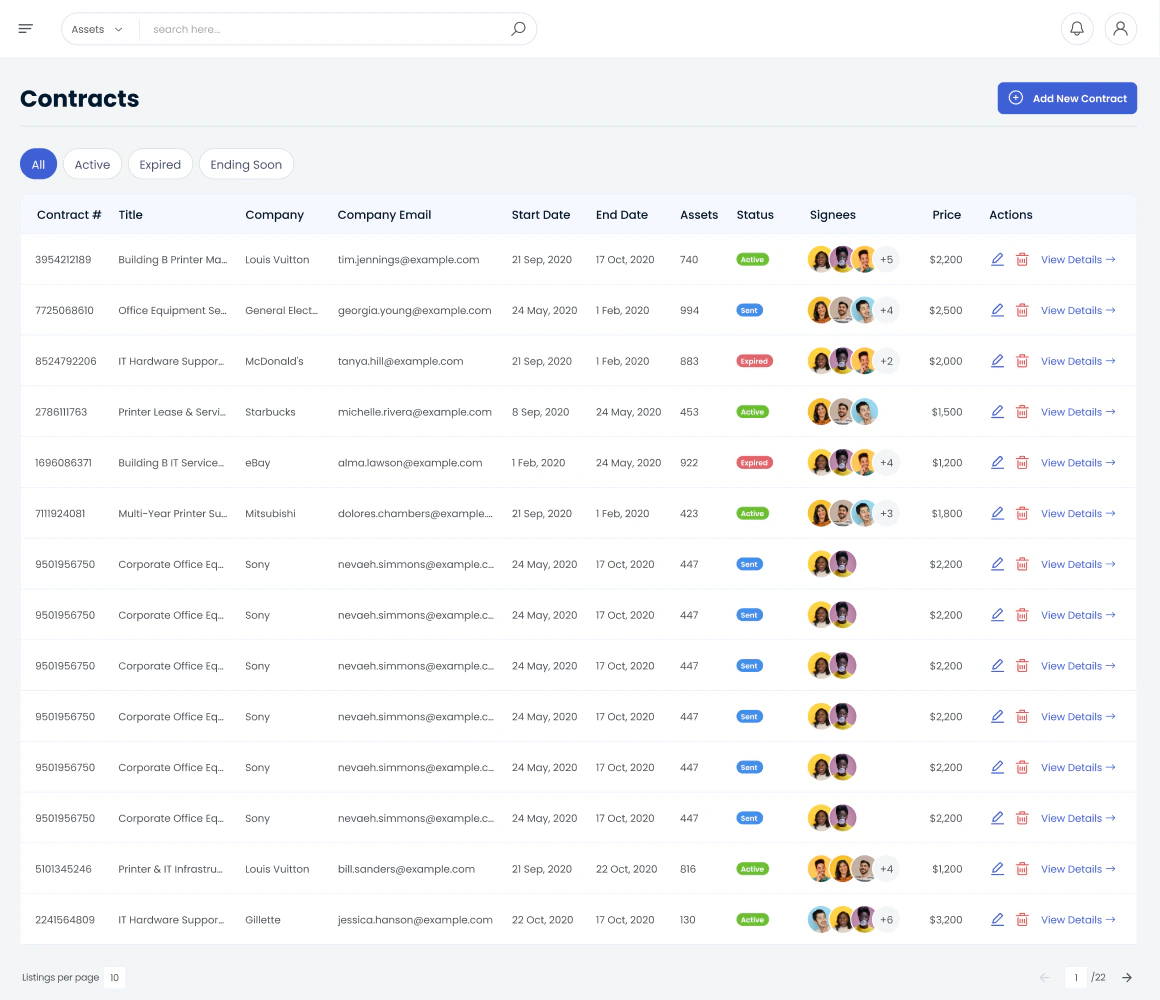 ServiceHub admin contracts view with client agreements and renewal dates