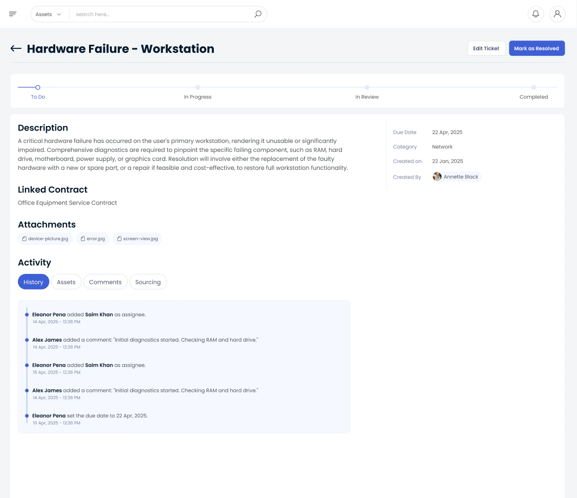ServiceHub contract detail with linked assets and tickets