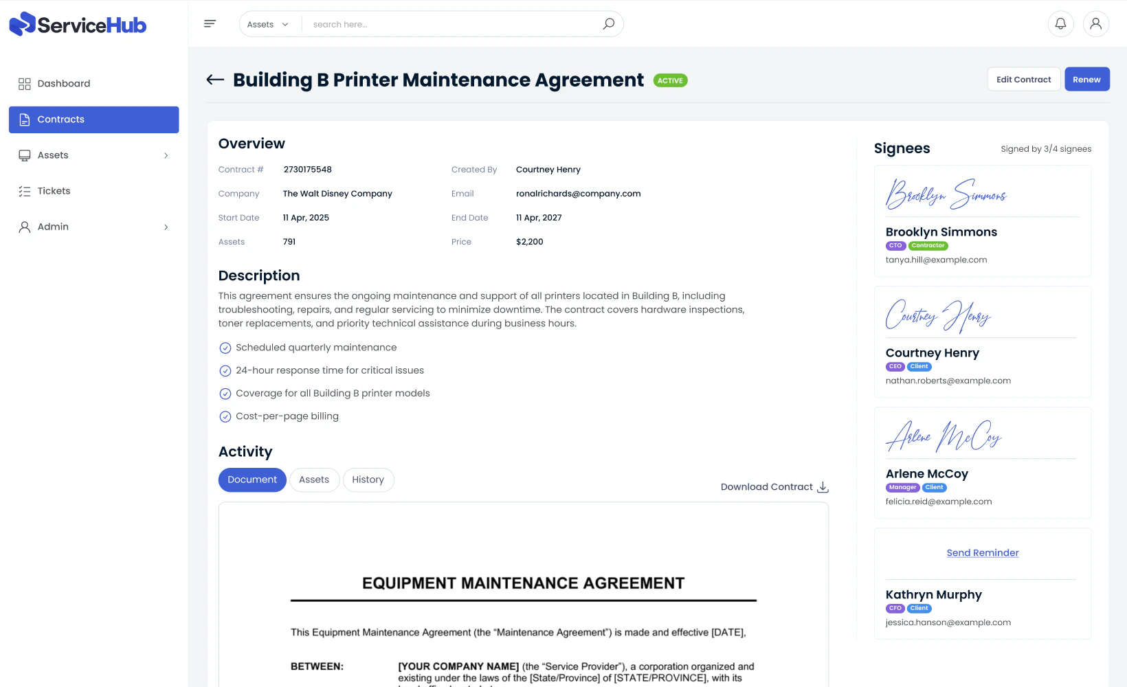 ServiceHub client portal showing account assets and ticket statuses
